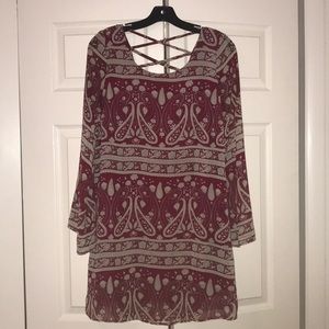 Dark red and beige long sleeve dress
